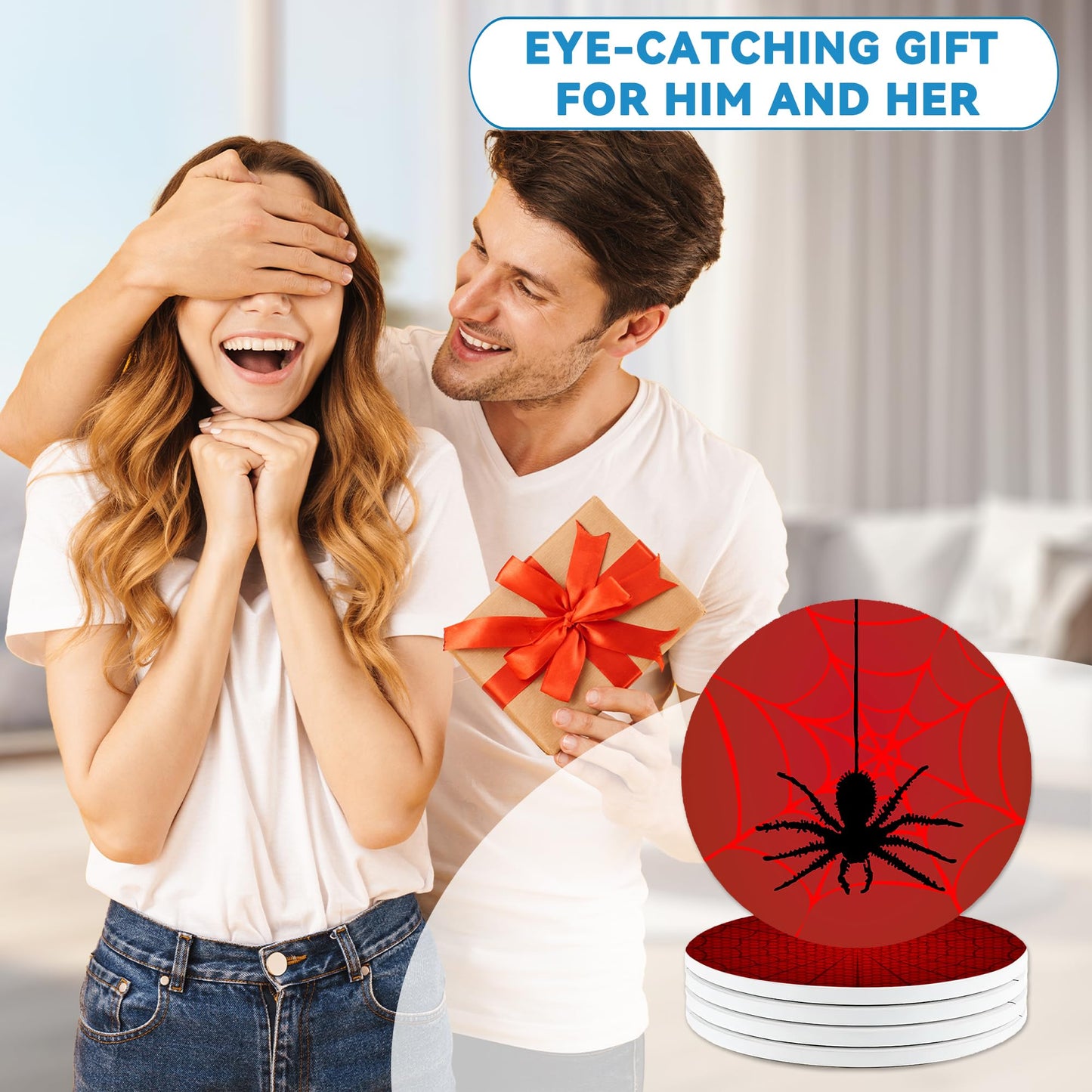 Drinks Coasters Set of 4, Cool Red Spider Round 4" Cup Coasters, Absorbent Ceramic Stone Coasters with Cork Base, Cute Coasters for Table Home Décor, Ideal Gifts for Women Men