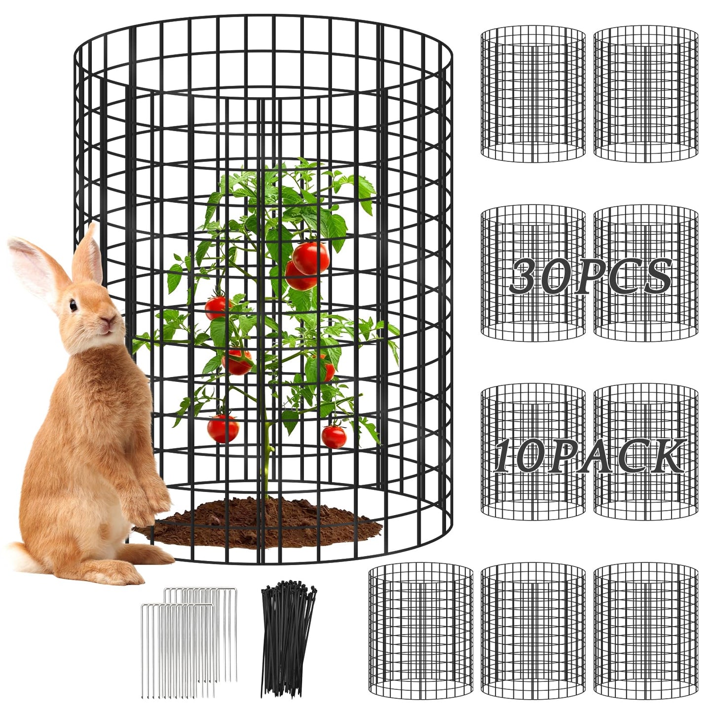 10 Packs Plant Protectors from Animals, 30Pcs 12"x 16" Large Metal Wire Mesh Garden Plant Cages for Outdoor Gardening, Chicken Wire Cloche Plant Cages for Rabbits with Zip Ties & Stakes(Black)