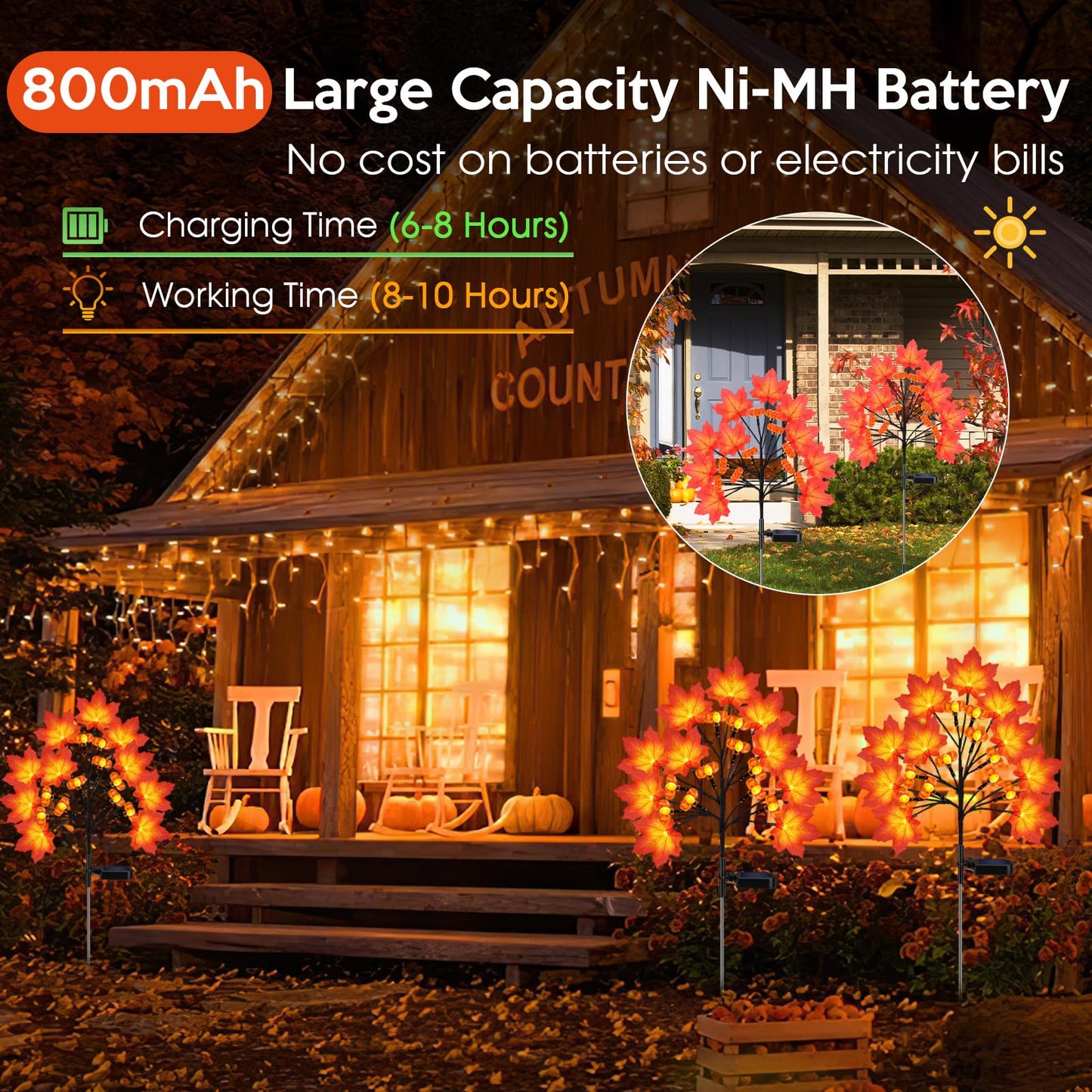 ReyeeInc Fall Solar Lights Outdoor, Solar Powered Fall Stake Lights with 20 Maple Leaf and 20 Pumpkin for Yard, Patio, Lawn, Garden, House, Home Outside Thanksgiving Harvest Decorations(2 Pack)
