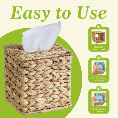 Water Hyacinth Handwoven Tissue Box Cover, Square Decorative Tissue Holder, Natural Handmade Wicker Napkin Box Holder for Bathroom, Living Room, Bedroom, Boho Farmhouse Home Decor