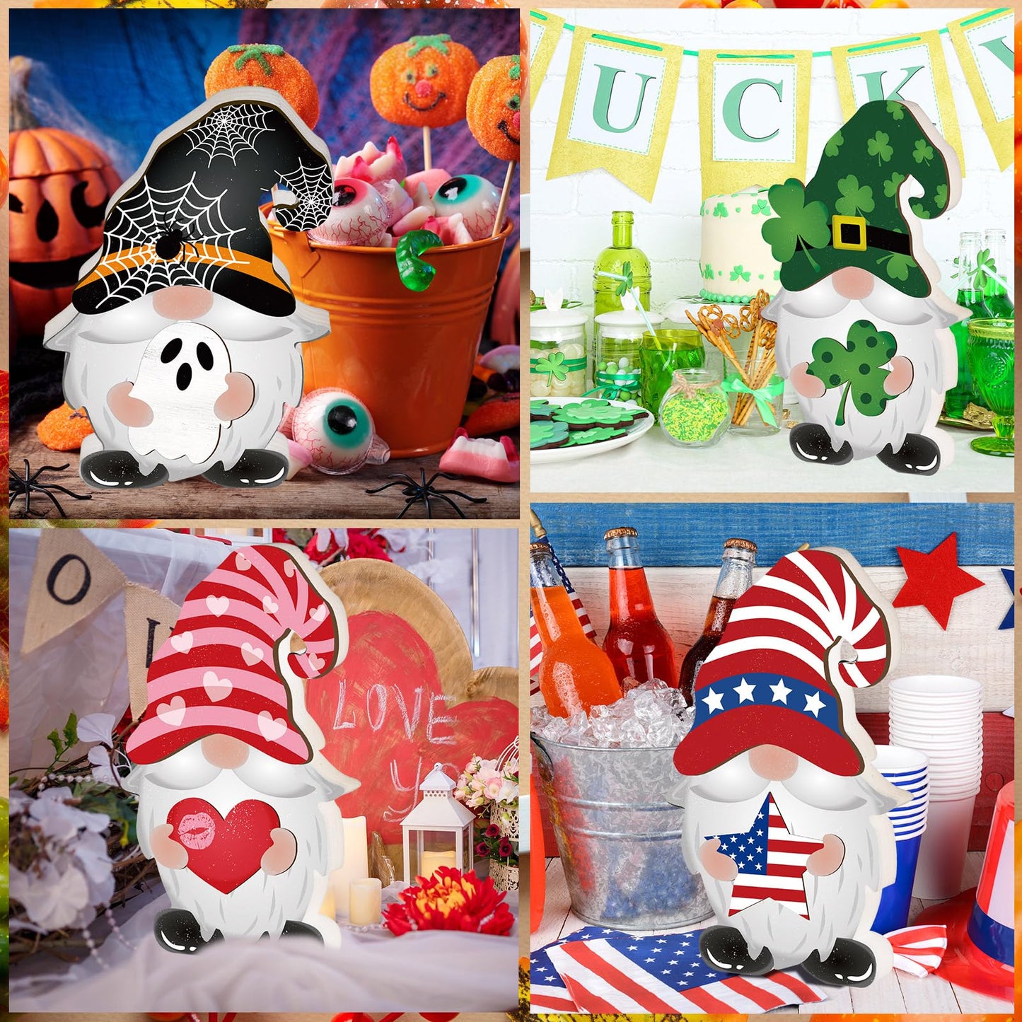 Blulu 31 Pieces Seasonal Interchangeable Wooden Gnome Decor Patriotic 4th of July Independence Day Summer Holiday Seasonal Tiered Tray Decor DIY Gnomes Welcome Sign for Holiday Decorations