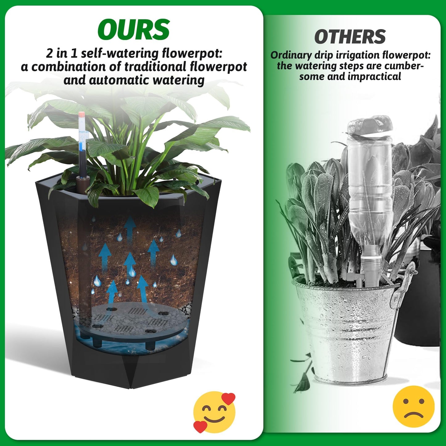 IDEALHOUSE 16" Tall Planters, Self-Watering Planters with Water Level Monitor and Drainage Hole, Large Outdoor Planters for Living Room, Bedroom Office, Patio, Porch, Garden, Set of 2