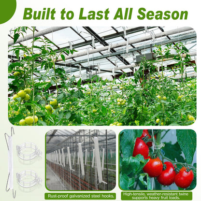 Hushee 100 Pack Tomato Hooks with 200 Garden Clips & 32.8ft String, Tomato Hooks for Climbing Plants, Heavy Duty Plant Support Kit for Greenhouse, Vegetable Plant Fruit Flower