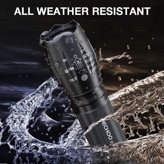 RECHOO Tactical Flashlight 4 Pack, Bright Zoomable LED Flashlight with High Lumens and 5 Modes, Waterproof Portable Pocket Flash Light for Emergency, Camping, and Outdoor Use - S1500