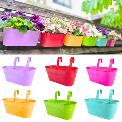 LaLaGreen Outdoor Hanging Planter (11.2 Inch, 6 Pack) Light Purple, Green, Yellow, Cadet Blue, Dark Pink, Red Metal Iron Window Box Flower Pot Deck Railings Balcony Fence Rail Porch Home Garden Decor