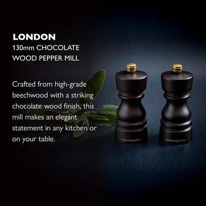 Cole & Mason London Refillable Spice Mill - Kitchen & Home Accessory - Table Black Pepper Grinder - Pepper Mill with Carbon Steel Mechanism - 5", Chocolate Wood