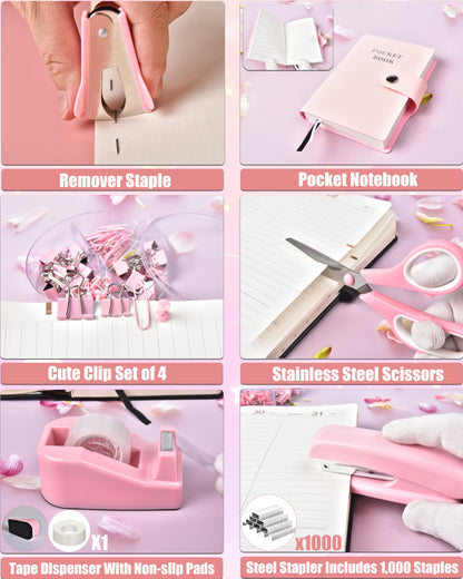 LXEVIHK 21Pcs Pink Desk Organizers and Accessories With Mesh Desk Organizer and 360°Rotating Pen Holder and a Lot of Office Pink Office Supplies Beautifully Presented in a Gift Box