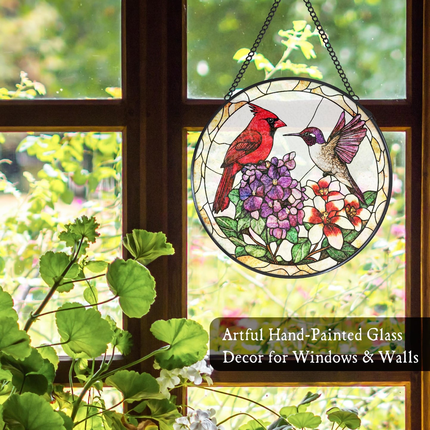 WUHSDIBC Cardinal Hummingbird Stained Glass Window Hanging Suncatcher, Flower Bird Sun Catcher Indoor Window Decor, Birds Lover Gifts Painted Glass Round Wall Hanging Decorations, 7.8x7.8 in