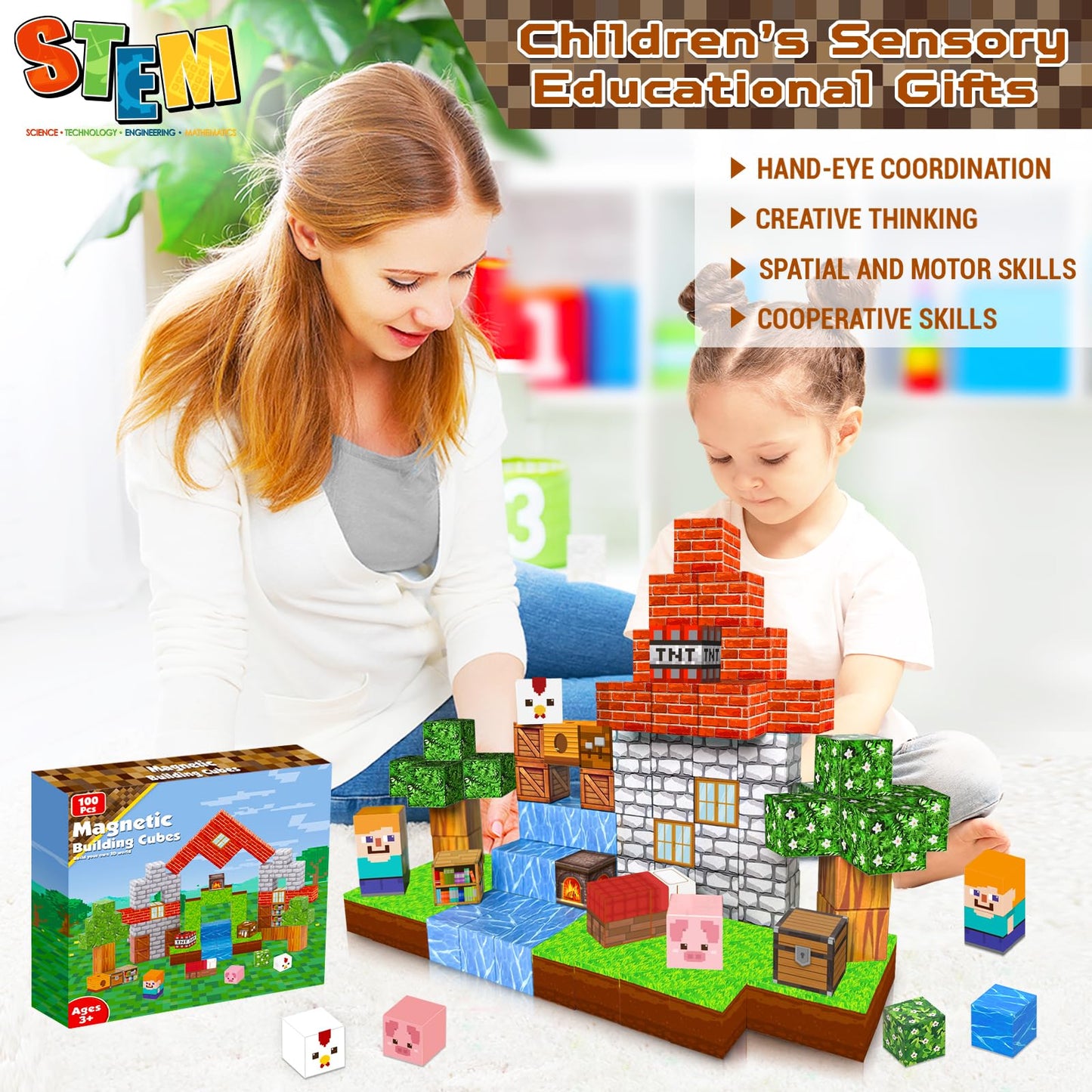 Magnetic Blocks - 100PCS Magnetic Building Blocks Cubes, Magnet Toys for Kids Age 3+, Toy Building Set for Kids, Magnets Stacking Construction Toys Easter Birthday Gifts for Boys Girls Age 4-8, 8-12