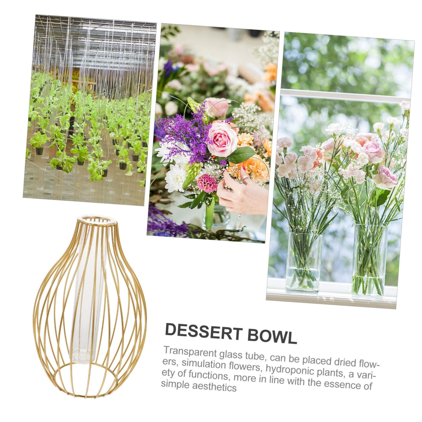 ABOOFAN Vase Gold Decor Plant Decor Home Decor Pots for Plants Terrarium Metal Flower Pot Hydroponic Planter Glass Tube Planter Simple Flowerpot Bracket Frame Container Wrought Iron, 24X15X15CM