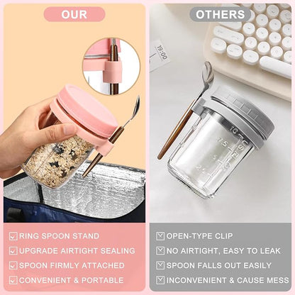 16oz Glass Mason Overnight Oats Jars, Cereal, Yogurt, Salad Lunch,Glass Overnight Oats Containers with Lids and Spoon, Container with Measurement Marks - (Blue-2Pcs)