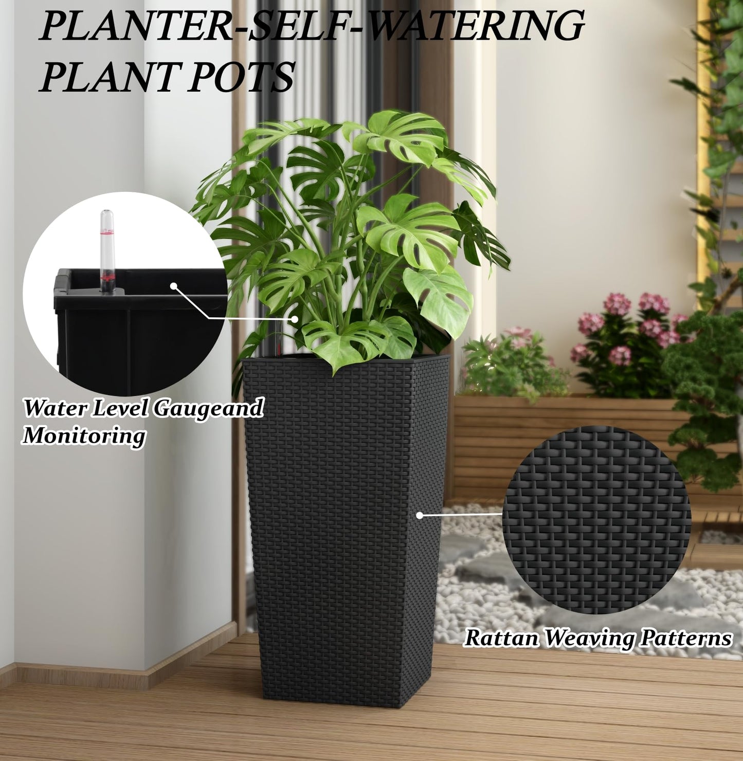 Vigo huseeo 23in Tall Planter Set of 2, Large Self Watering Pots for Indoor/Outdoor Plants with Drain Holes, Water Level Monitor, Inner Bucket for Front Porch Patio, Black Rattan
