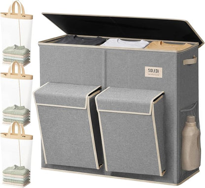 SOLEDI 220L Laundry Hamper 3 Section,Extra Large Laundry Basket with Lid and 2 Side Pockets, Dirty Clothes Hamper with Removable Bag Easy to Carry for Laundry Room, Bedroom, Bathroom, Grey