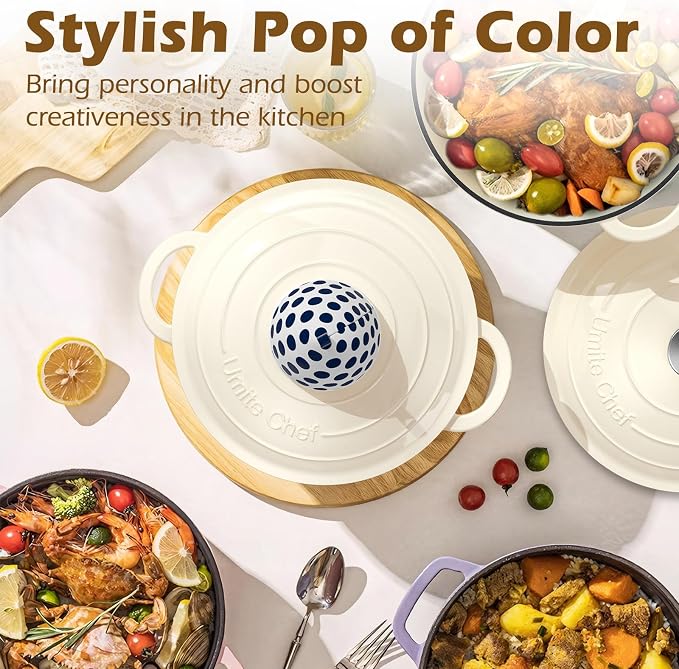 Umite Chef Enameled Cast Iron Dutch Oven-7QT Pot with Lid Cookbook & Cotton, Heavy-Duty Cookware for for Bread Baking, Braising, Stews, Marinate, Cook(Cream White)