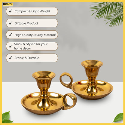 Rely+ Glossy Gold Metal Candle Holders with Handle for Taper Candlestick Set of 2 Modern Decor for Home Table Centerpiece for Wedding, Parties, Dinners, Decorations