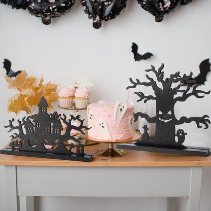 WATINC Halloween Wooden Centerpiece Decoration - 3Pcs Silhouette Haunted House Tree Wood Tabletop Decor, Black Sketch Horror Pumpkin Boo Detachable Tiered Tray Sign Table Topper for Home Kitchen Party
