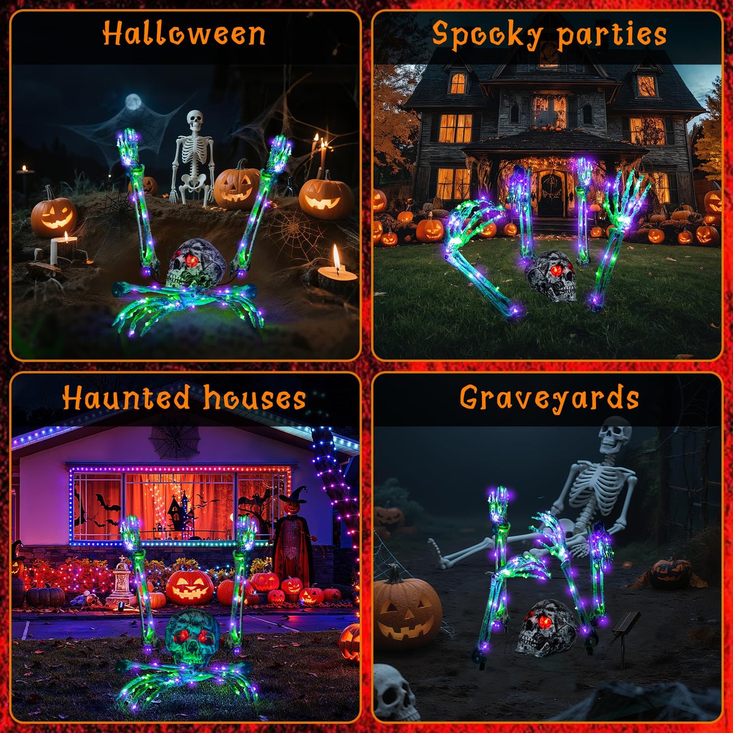Halloween Lighted Skeleton Decor Outdoor, Solar Powered Realistic Scary Graveyard Bone Hands & Arms with 134 LEDs, 8 Lighting Modes, IP65 Waterproof for Lawn Garden Yard Party, Purple & Green