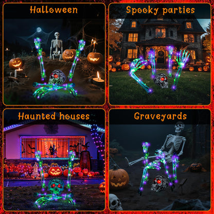 Halloween Lighted Skeleton Decor Outdoor, Solar Powered Realistic Scary Graveyard Bone Hands & Arms with 134 LEDs, 8 Lighting Modes, IP65 Waterproof for Lawn Garden Yard Party, Purple & Green