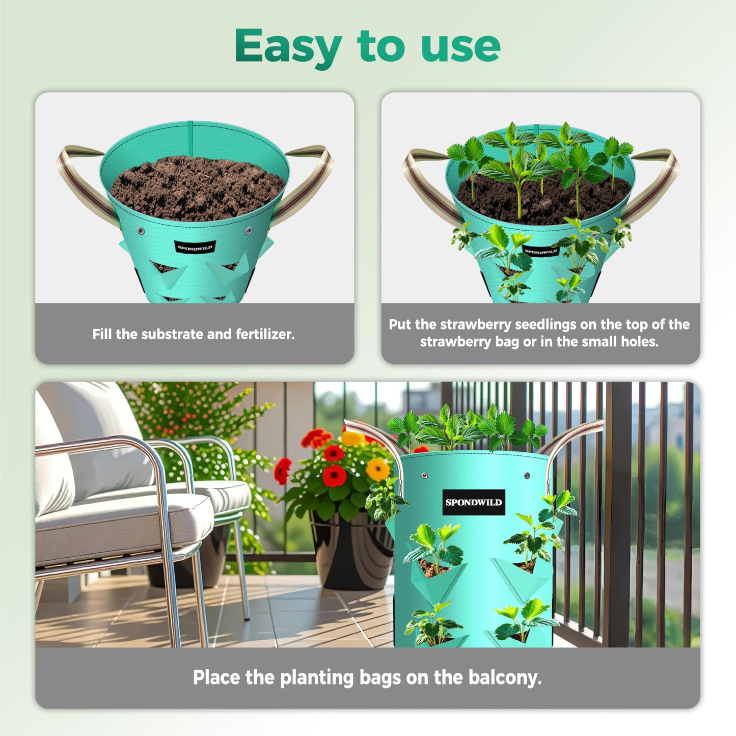SPONDWILD 3 Pack 20 Gallon Strawberry Grow Bags, Heavy Duty Reusable PE Pots with Breathable Window, Branch & Drainage Holes, Reinforced Handles for Strawberries, Veggies, Flowers, Balcony/Patio Use