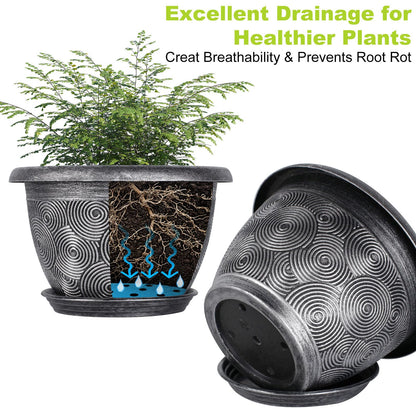 10-Inch -Plastic-Pots -For-Plant With Saucer, 4 Pack Outdoor Planters With Drainage Holes, Decorative Flower Pots For Indoor Plants, Modern 3D Swirl Silver Plant Pots With With Removable Tray