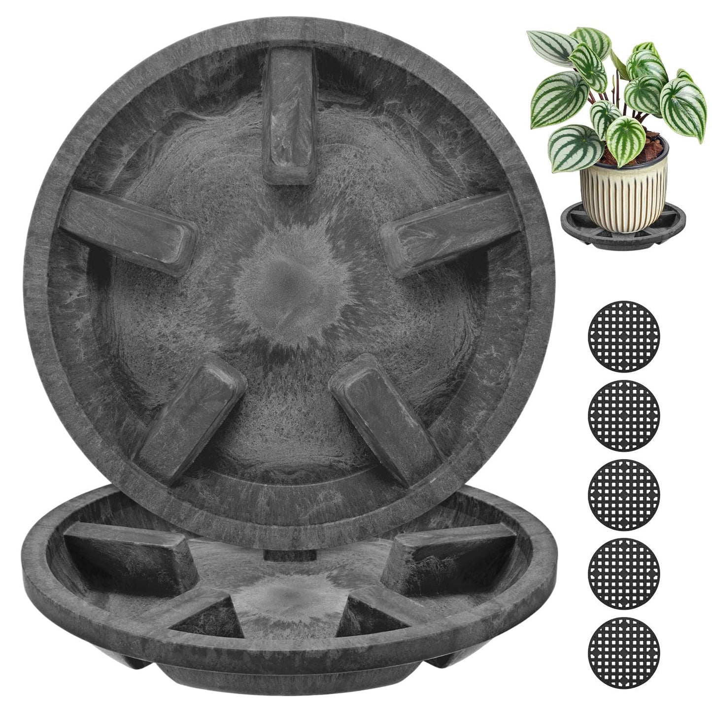 M METERXITY 2-Pack Plant Saucer, 6.3 Inch/16 cm Plastic Plant Trays Thicker for Pots/Indoor/Outdoor/Water Drainage and Protection, Flowerpot Drip Tray [Black Clay]