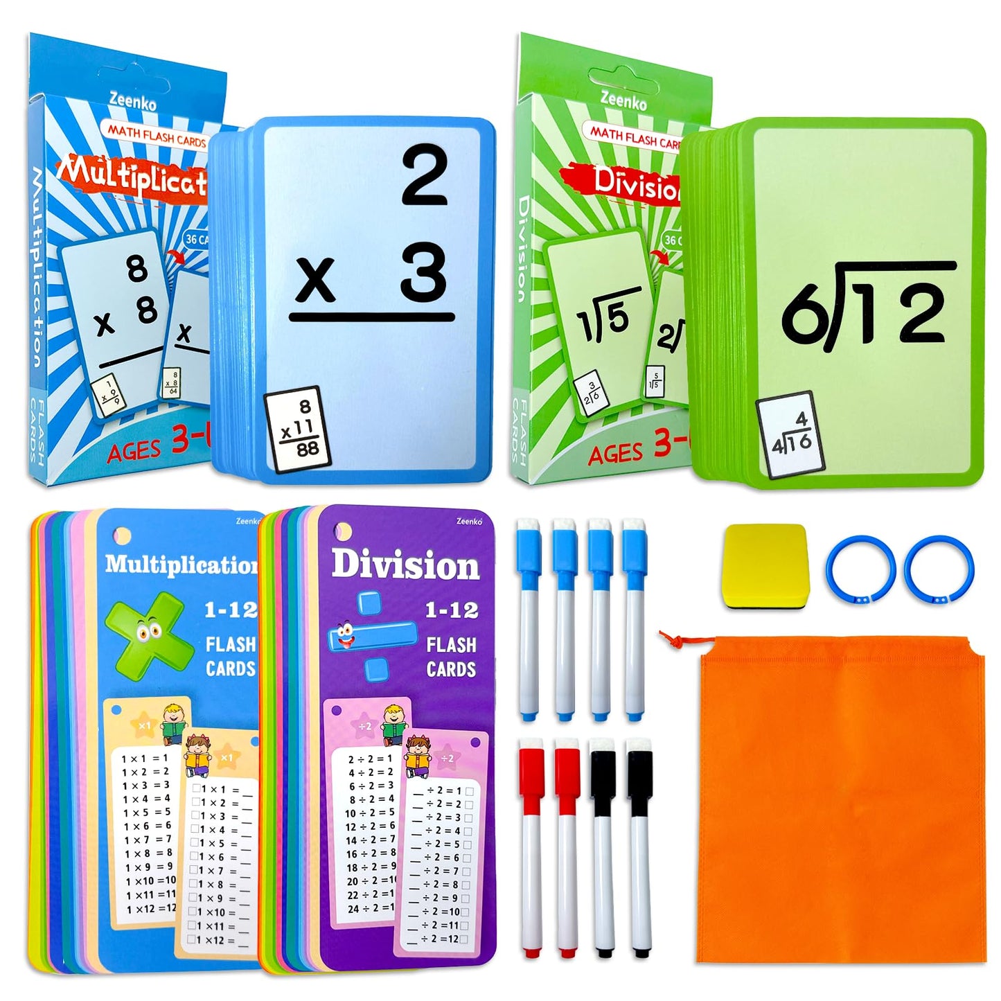 Multiplication Flash Cards & Division Flash Cards -102 Reusable Math Practice Cards with Multiplication, Division,Math Flashcards,Games for Kids Ages 6+ |Spark Skills & Fun Learning