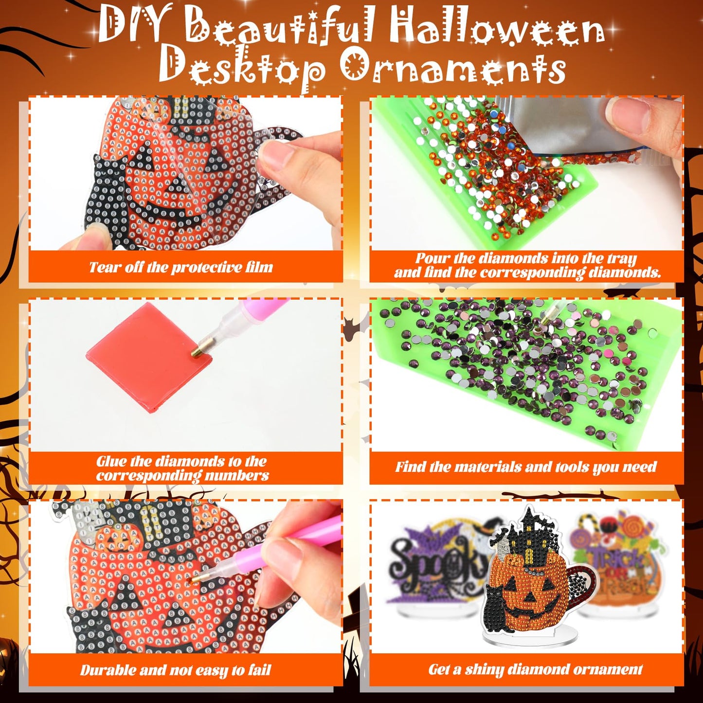 Kosiz 9 Pcs Halloween Diamond Painting Table Decorations Halloween Diamond Art Kits for Adults Double Sided Acrylic Bat Pumpkin Ghost Centerpieces for Tabletop DIY Crafts Gifts Party Decor Home