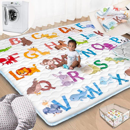 Baby Play Mat, 71x79 Mat with Super Soft Touch, Activity Mat with Upgraded Anti-Slip Bottom, Machine Washable Crawling Mat for Floor & Picnic(Animal Alphabets)