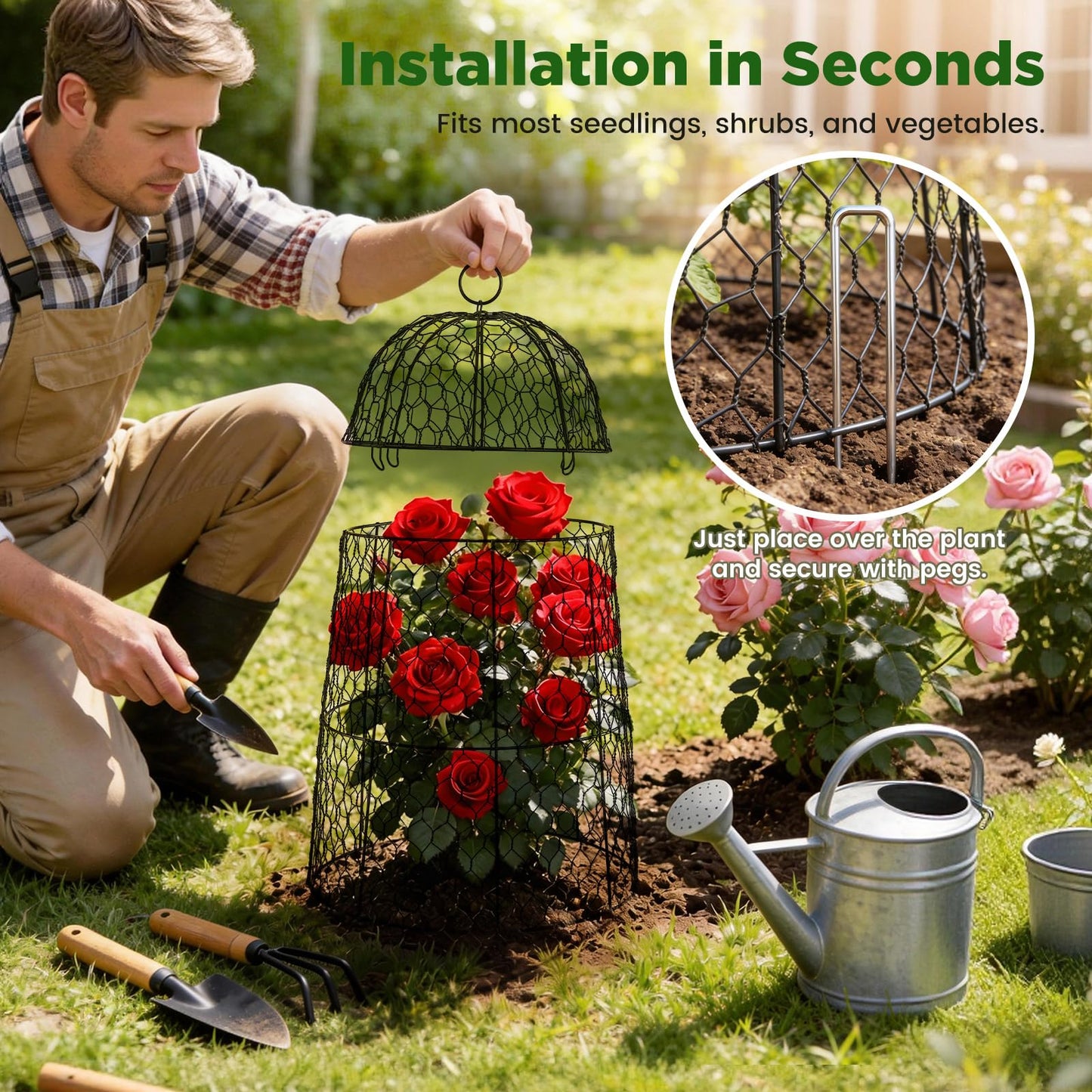 12 Pack XL Metal Garden Cloches for Plants, 17" Height Rustproof Chicken Wire Cloches for Seedlings, Vegetables & Flowers, Plant Protectors from Animals Includes 12 Humidity Domes & 48 Stakes - Black