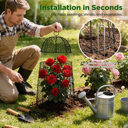 12 Pack XL Metal Garden Cloches for Plants, 17" Height Rustproof Chicken Wire Cloches for Seedlings, Vegetables & Flowers, Plant Protectors from Animals Includes 12 Humidity Domes & 48 Stakes - Black