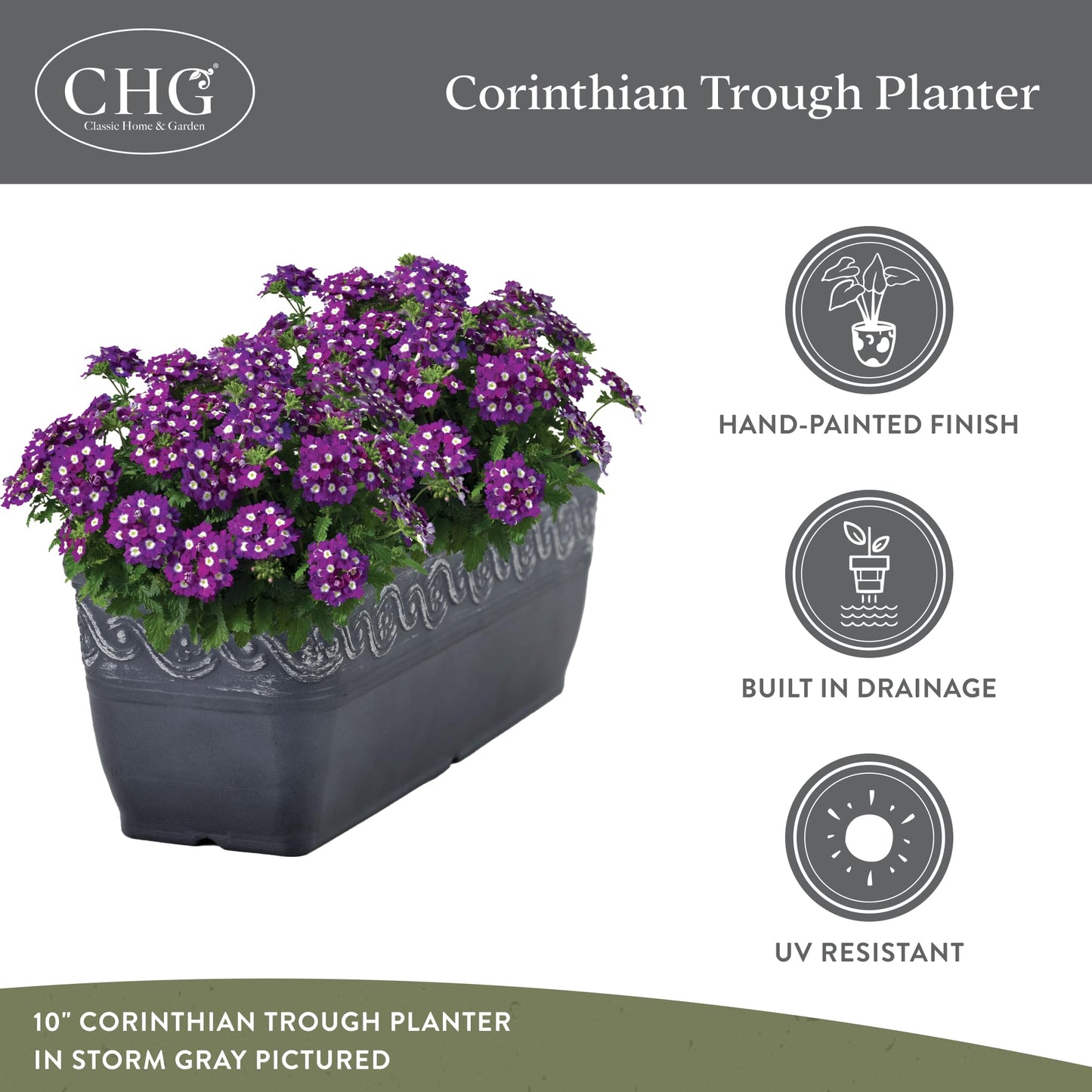 Classic Home and Garden Corinthian Rectangular Planter Box w/Drain Plug - Small Succulent Pots - Shallow Trough Planter for Indoor/Outdoor (10” Storm Gray, Pack of 1)