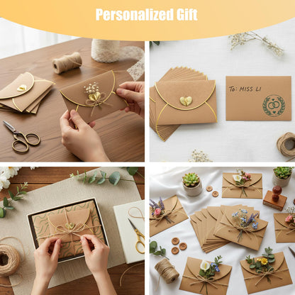JOHOUSE 50PCS Mini Gift Card Envelopes, 4 x 3 Inch Brown Gift Card Holders with Gold Border & Heart Clasp, for Thank You Cards, Wedding, Birthday, Business Cards