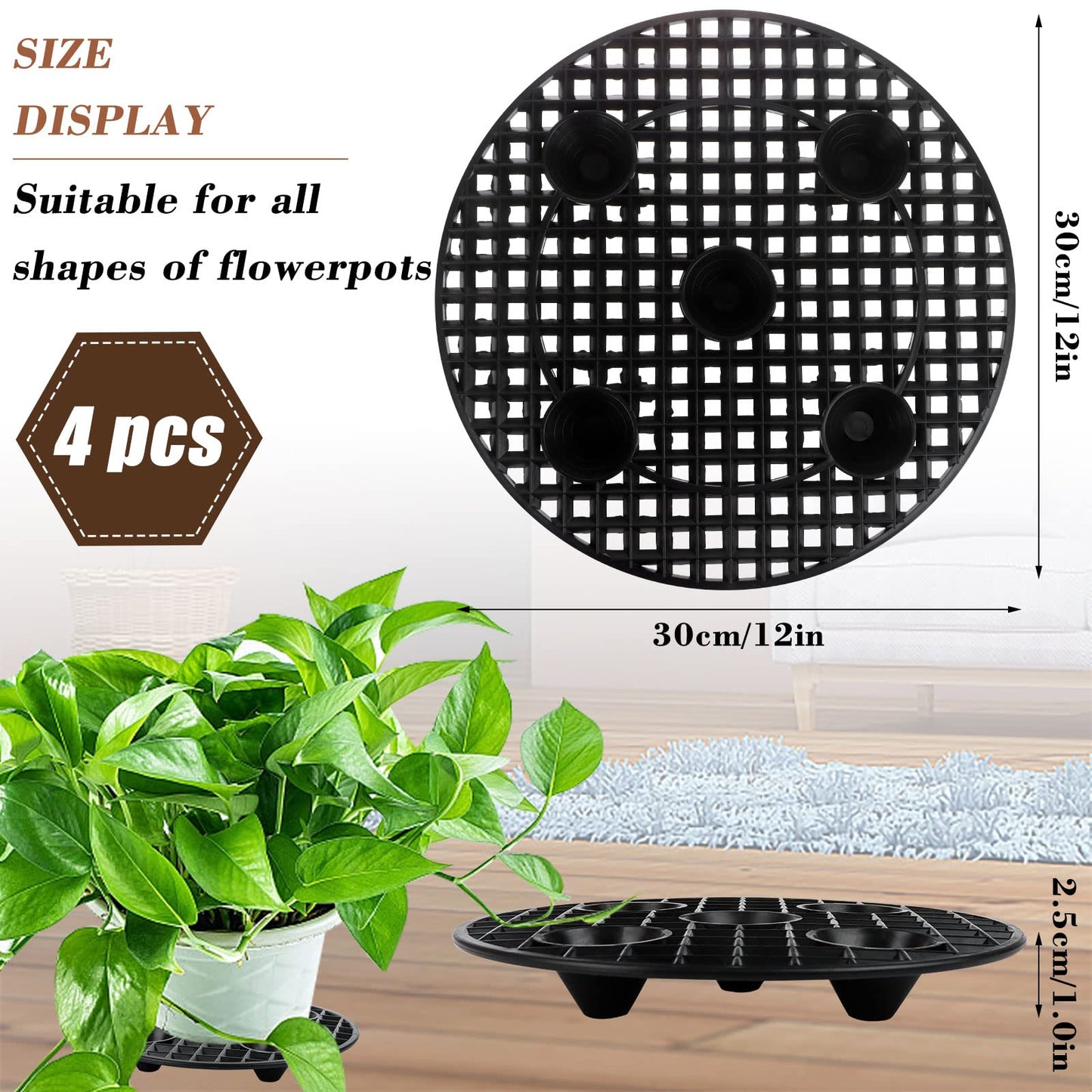 JiaUfmi 4 Pcs Black Plastic Plant Pot Holder, Heavy Duty Stand for Indoor/Outdoor (4x30cm/12inch)