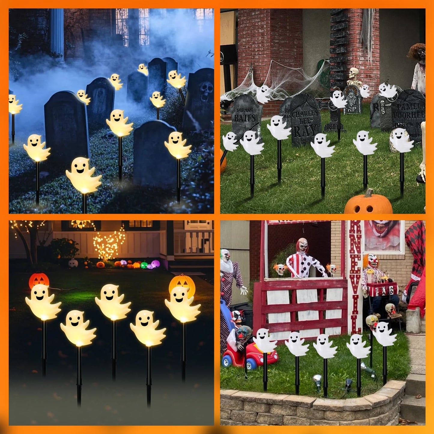 Solar Halloween Ghost Pathway Lights, 10 Pack 3D Lighted Outdoor Stake Decorations, Waterproof LED Yard and Garden Lights for Halloween Pathway, Lawn, Patio, and Holiday Decor (10-Ghosts-Warm)