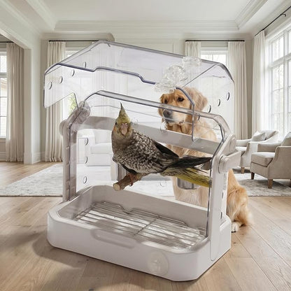 Bird Travel Cage, 10×6.7×8.3 Inches Waterproof & Sturdy Pet Carrier with Perch & Food Bowls, Portable Cage for Budgies, Cockatiels, Lovebirds & Small Birds