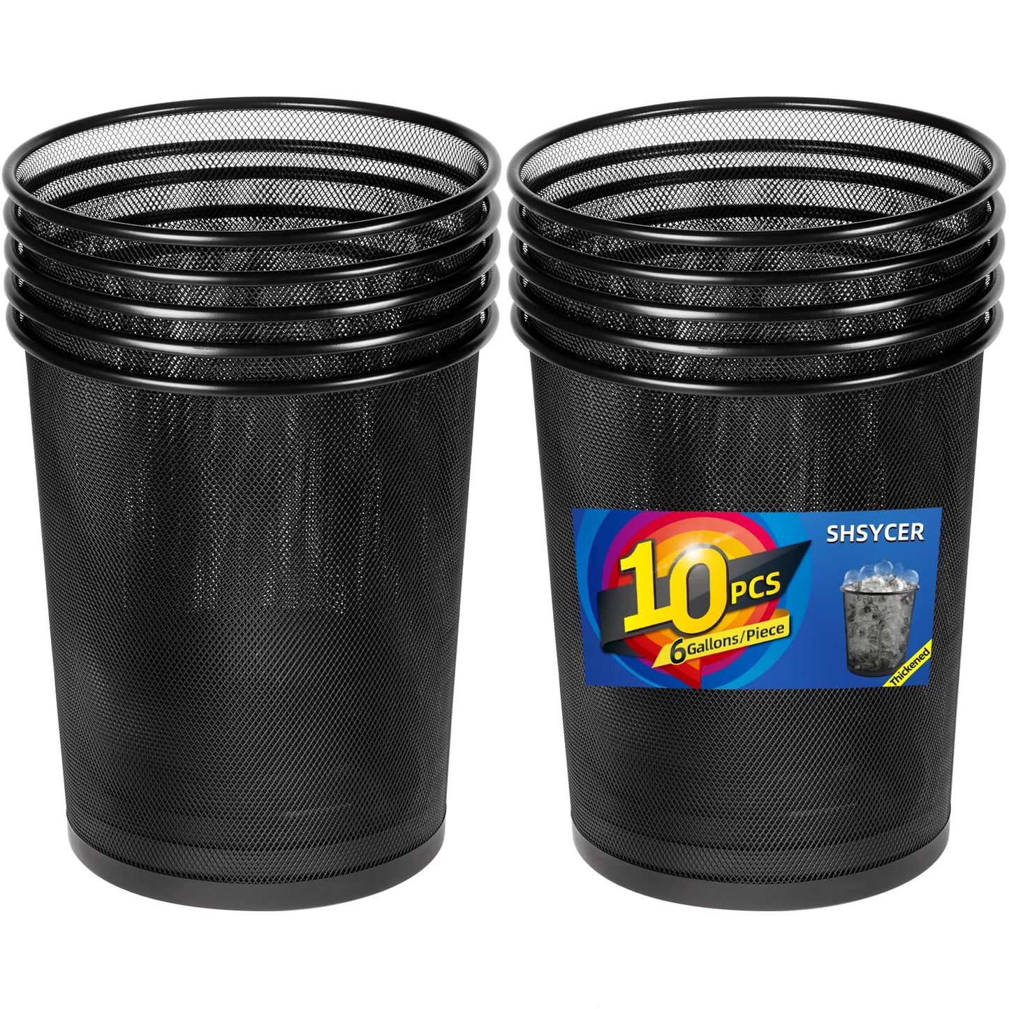 SHSYCER Black Mesh Trash Cans, 10-Pack 6 Gal Mesh Office Trash Can, Open Metal Wire Wastebaskets, Waste Basket Trash Can for Near Desk,Recycling Garbage Container Bin for Office,Home,School