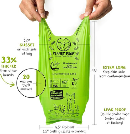 PLANET POOP Home Compostable Dog Poop Bags Extra-Long with Handles 60 Un-Scented Pet Waste Bags Plastic Free, Thick Leakproof Plant-Based Doggy Bag, Cats & Dogs Pet Supplies