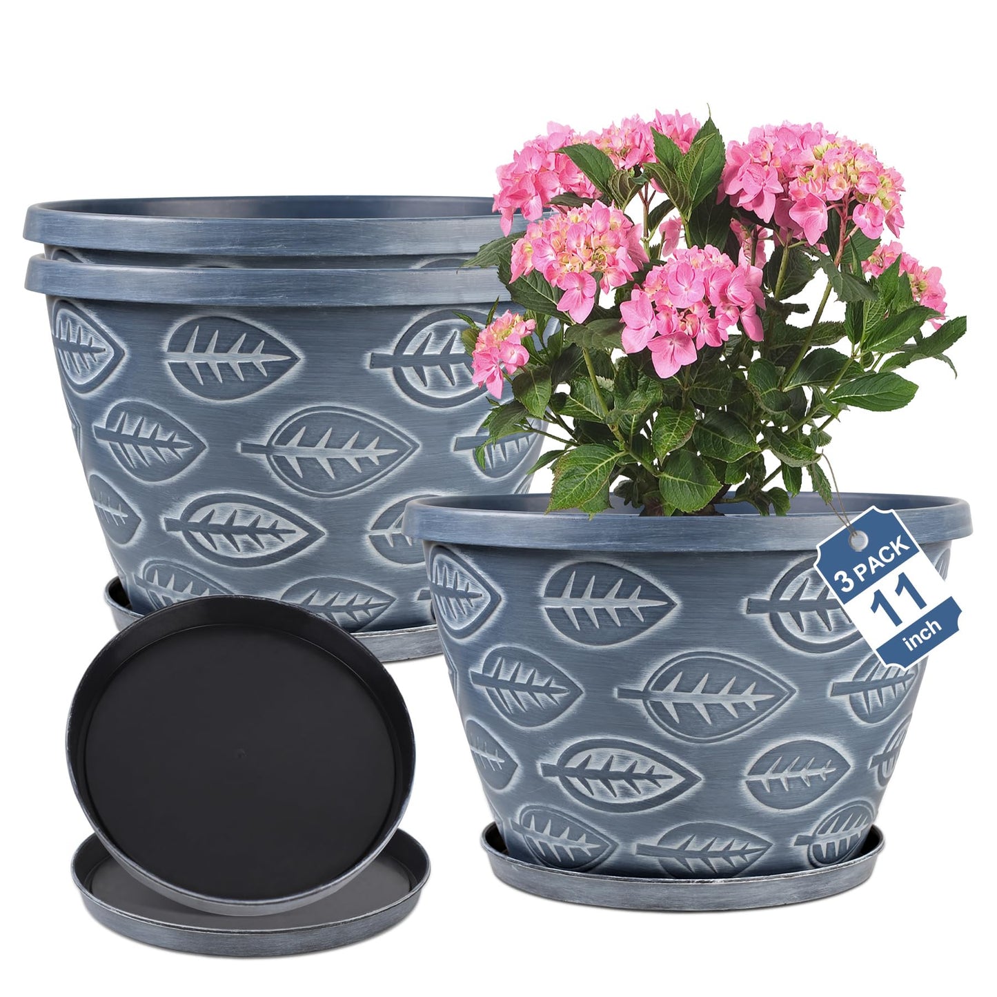 Nooulap Outdoor Flower Pots for Plants Set of 3 Pack 11 Inch Planter Pot, Large Plastic Plant Pots Indoor Plants with Drainage Holes & Trays, Modern Decorative Garden Containers Sets for House(Blue)