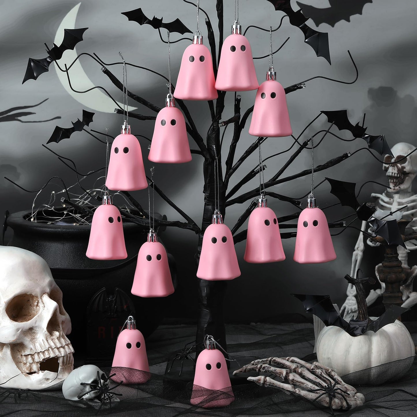 Tigeen 12 Pcs Halloween Hanging Ornaments Cute Ghost Decoration Halloween Tree Decoration Plastic Decorative Mini Ghost Ornaments for Home Tree Party Supplies (Cute,Pink)