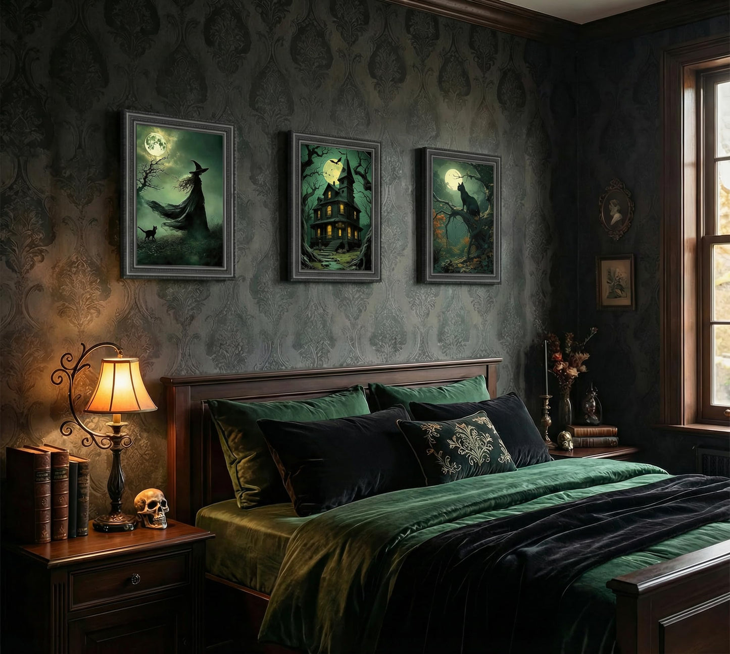 3pcs Halloween Canvas Wall Art Dark Academia Scary Witch Black Cat Castle Posters Prints Thriller Horror Green Gothic Wall Decor Pictures for Halloween Party House Decoration Unframed