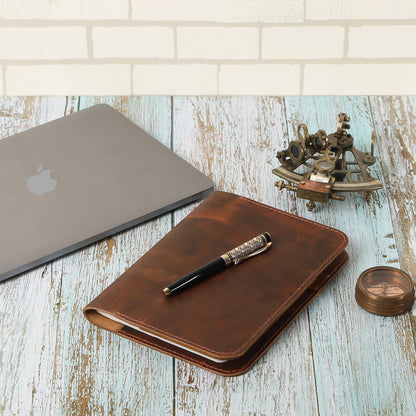 TheAntiq Genuine Leather A5 Journal Cover Refillable Notebook Cover, Fits 5.75 x 8.25 in, Card Slots Pocket & Pen Holder, Handmade Professional Leather Organizer for Men & Women, Travel & Work Diary Cover (Tan)