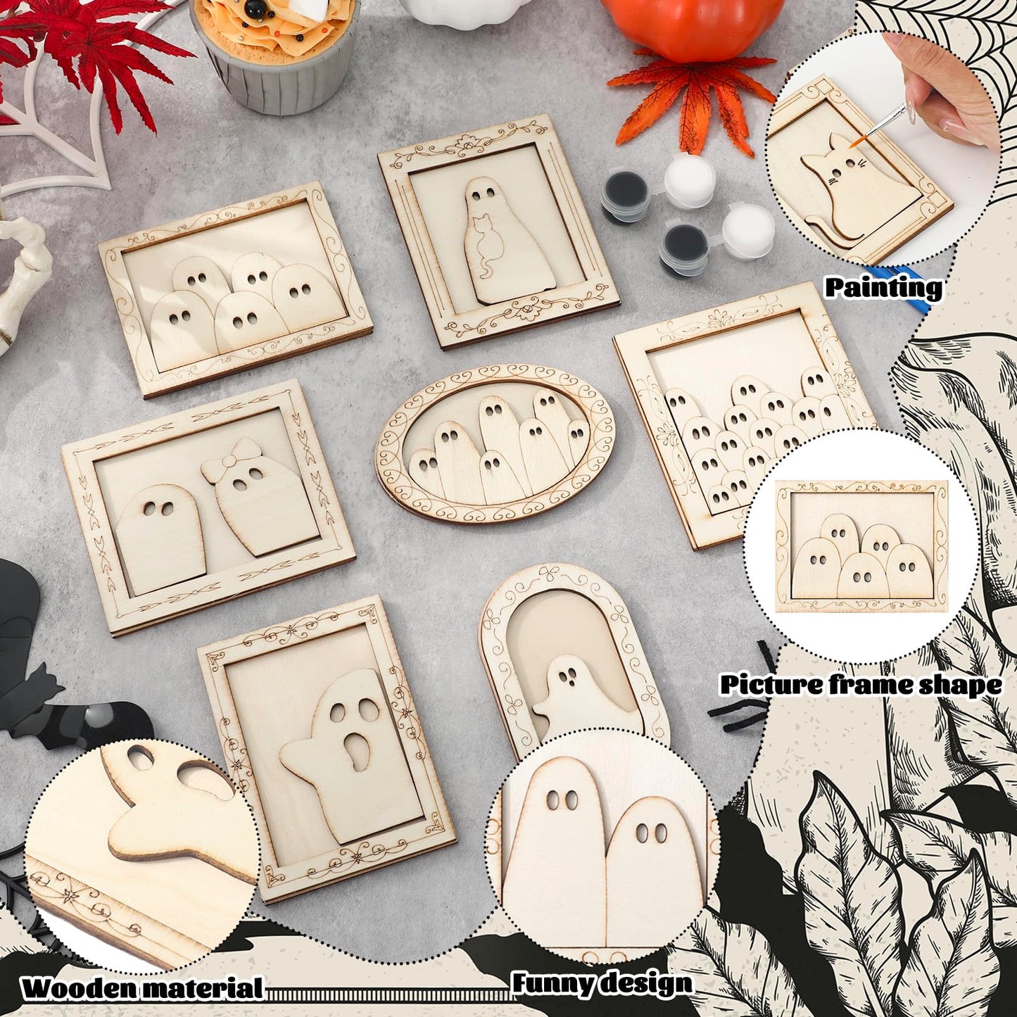 JarThenaAMCS 15 Set Halloween Wood DIY Frames Decorating Craft Unfinished Black Cat Ghost Wooden Gift Ornament Painting Set with White Black Paint and Brush for Art Party Supplies, Not Include Glue