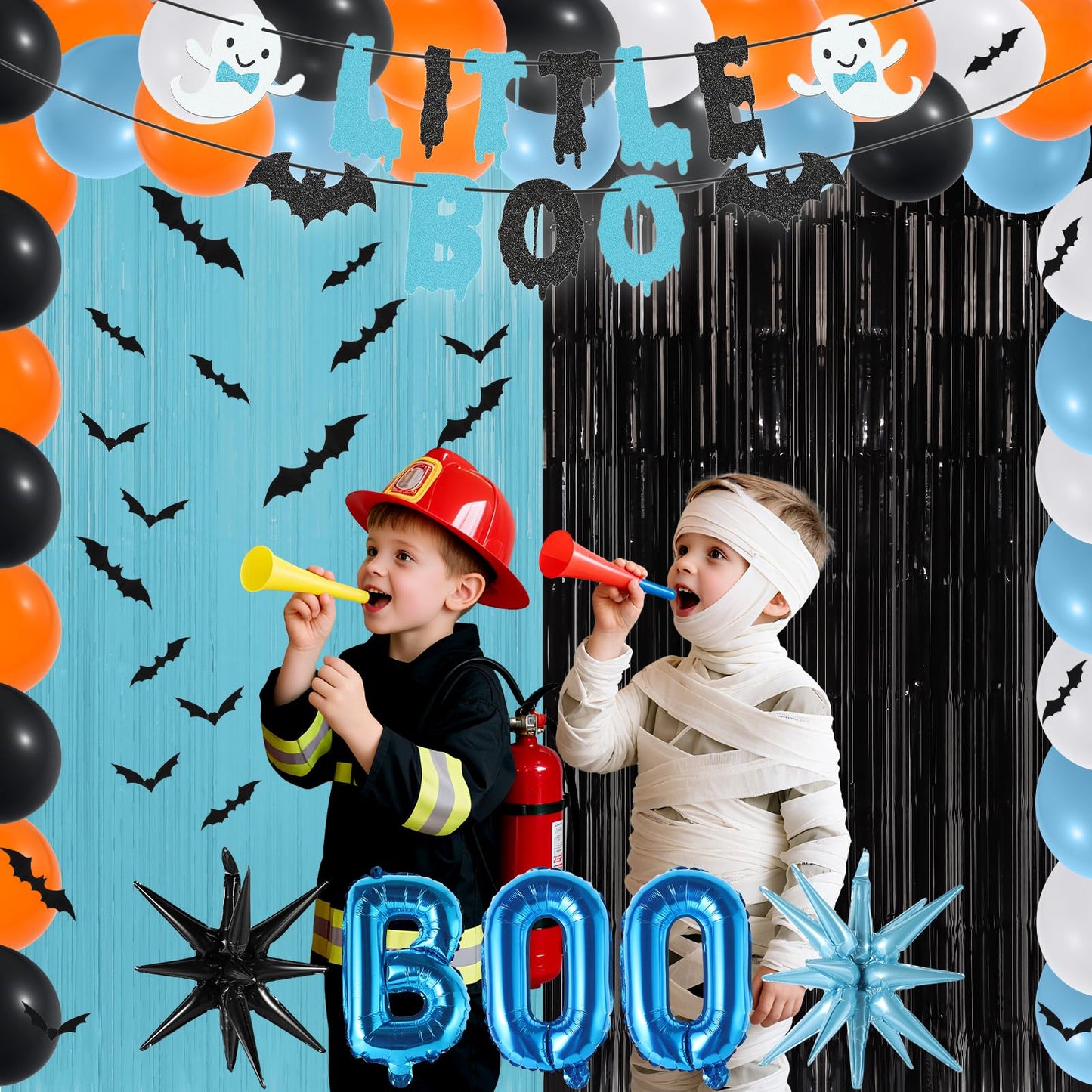 80Pcs Halloween Baby Shower Decorations Spooky Little Boo Baby Shower Party Supplies Blue Black Backdrop 3D Bat Stickers Ghost Banner BOO Explosion Star Balloons for Halloween Birthday Gender Reveal