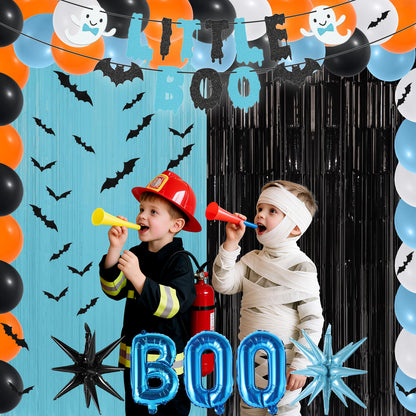 80Pcs Halloween Baby Shower Decorations Spooky Little Boo Baby Shower Party Supplies Blue Black Backdrop 3D Bat Stickers Ghost Banner BOO Explosion Star Balloons for Halloween Birthday Gender Reveal