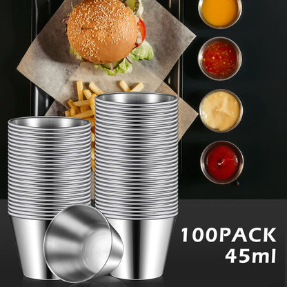 Mimorou 100 Pcs 1.5oz Stainless Steel Sauce Cups Dipping Cups Mental Condiment Sauce Container Round Dipping Bowls Condiment Ramekins for Dish Butter Kitchen Restaurant Serving Party Dinner Cooking