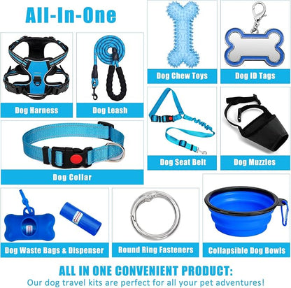 No Pull Dog Harness Adjustable Collar & Leash Set - Dog Halter Harnesses Collapsible Bowls & Poop Bag Dispenser Muzzle ID Tags Toys Fits Small Medium Large Dogs (Blue-L)