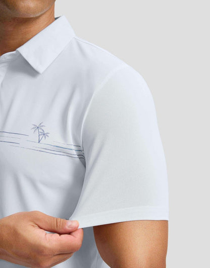 Men's Golf Shirts Dry Fit Moisture Wicking Performance Short Sleeve Collared Polo Shirts for Casual Tennis Bussiness (White Coco Tree, L)