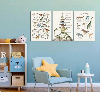 3Pcs Kids Dinosaur Species Canvas Wall Art Dinosaur Alphabet Painting Boys Room Wall Decor Tyrannosaurus Encyclopedia Educational Posters Prints Teen Cool Pictures for Home Classroom Nursery Framed