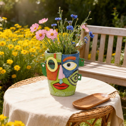 PlivBloom Abstract Face Planter Pot, Hand-Painted Resin Flower Pot with Top Opening for Planting, Decorative Planter for Indoor Plants, Art Accent Flowerpot Decor