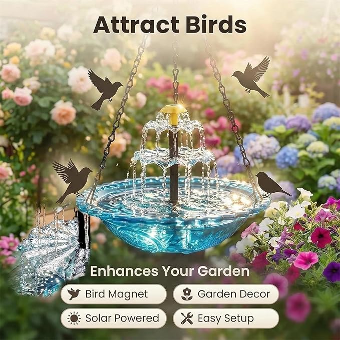 2026 Solar Cascade Hanging Bird Bath Fountain - 3 Layers Outdoor Water Feature for Hummingbirds, Easy-Clean 9.3" Glass Basin with Solar Powered Pump, Attract Wild Birds to Garden, Patio (Gray)